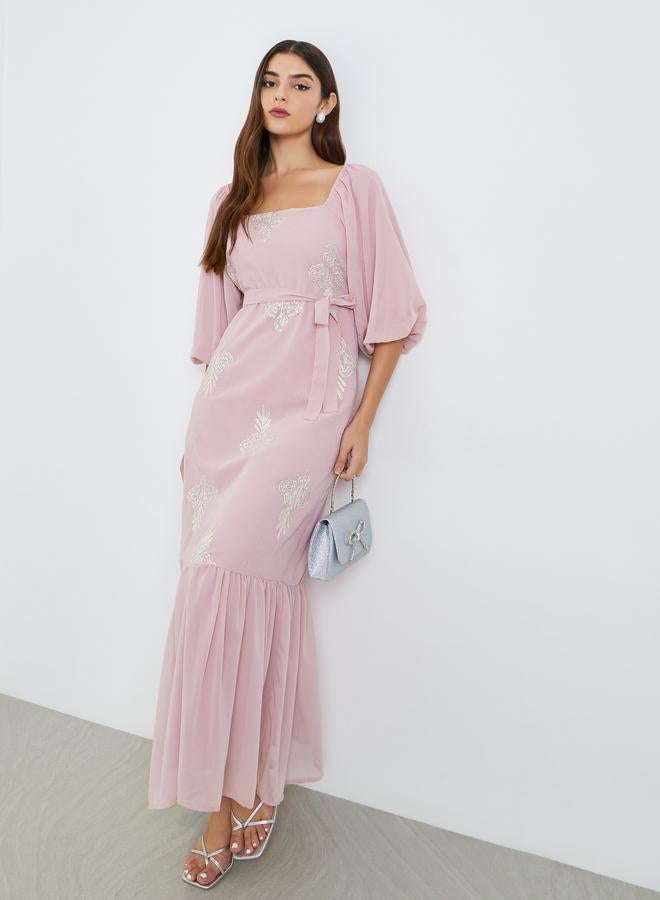 Styli Women Pink Embellished Puff Sleeve Maxi Dress - Image 5